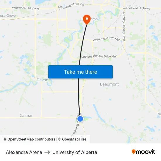 Alexandra Arena to University of Alberta map