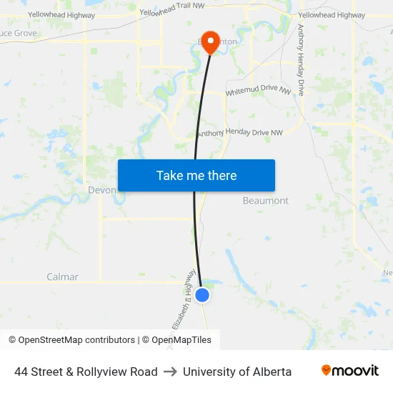44 Street & Rollyview Road to University of Alberta map