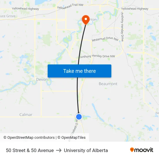 50 Street & 50 Avenue to University of Alberta map