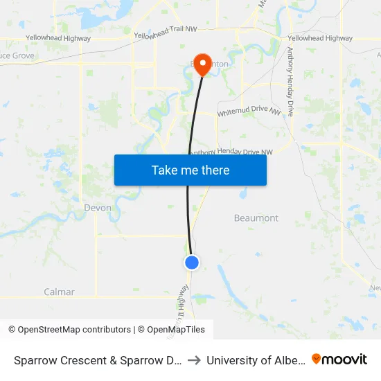 Sparrow Crescent & Sparrow Drive to University of Alberta map