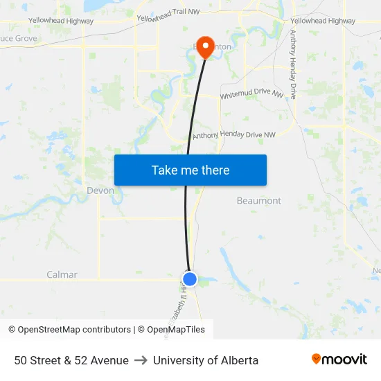 50 Street & 52 Avenue to University of Alberta map