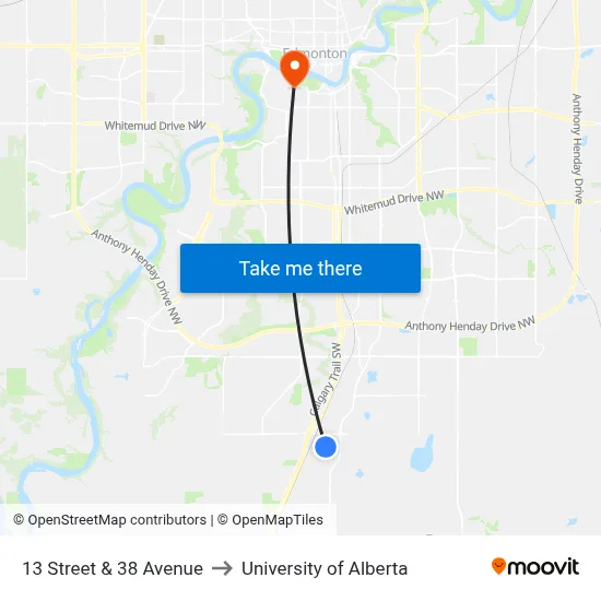 13 Street & 38 Avenue to University of Alberta map