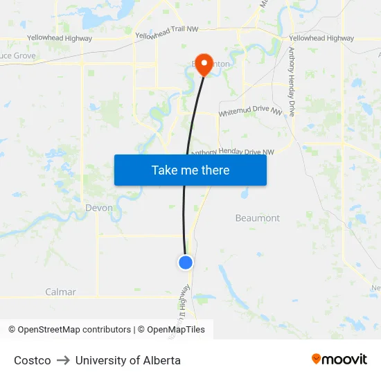 Costco to University of Alberta map