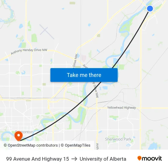 99 Avenue And Highway 15 to University of Alberta map
