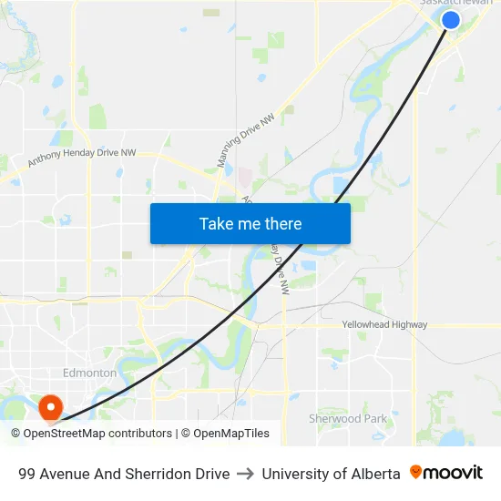99 Avenue And Sherridon Drive to University of Alberta map