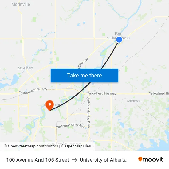 100 Avenue And 105 Street to University of Alberta map