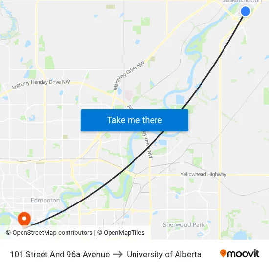 101 Street And 96a Avenue to University of Alberta map
