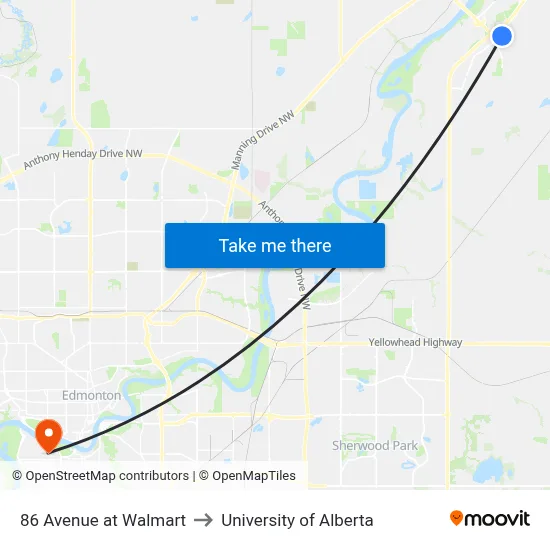86 Avenue at Walmart to University of Alberta map