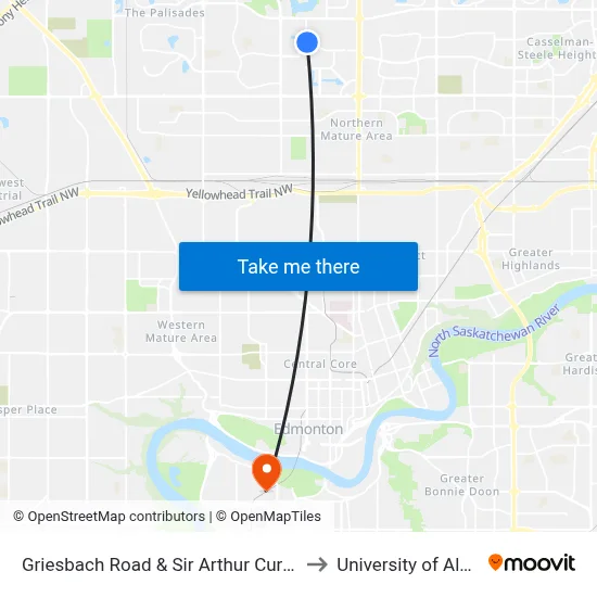 Griesbach Road & Sir Arthur Currie Way to University of Alberta map