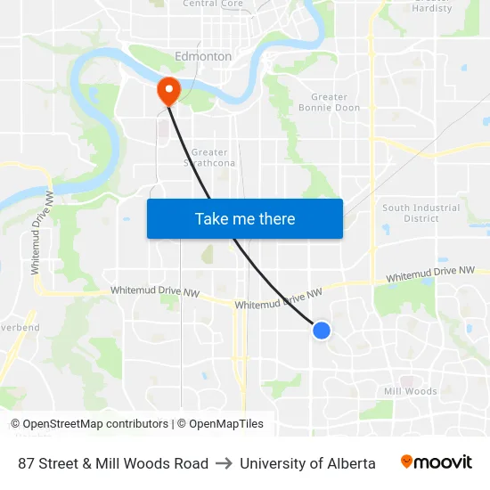 87 Street & Mill Woods Road to University of Alberta map