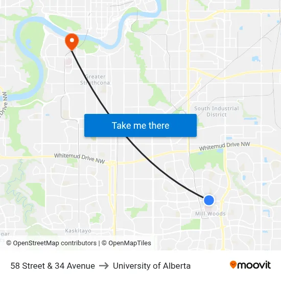 58 Street & 34 Avenue to University of Alberta map