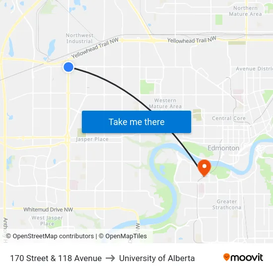 170 Street & 118 Avenue to University of Alberta map