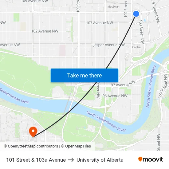 101 Street & 103a Avenue to University of Alberta map