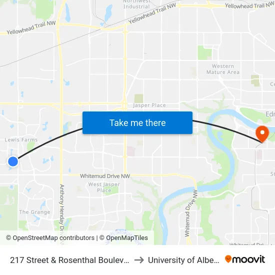 217 Street & Rosenthal Boulevard to University of Alberta map