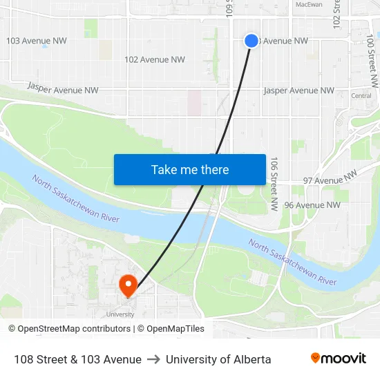 108 Street & 103 Avenue to University of Alberta map