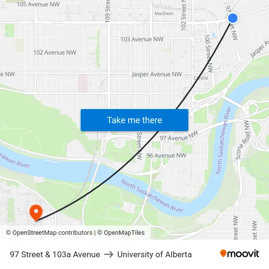 97 Street & 103a Avenue to University of Alberta map