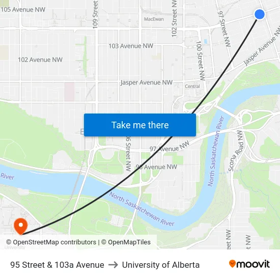 95 Street & 103a Avenue to University of Alberta map