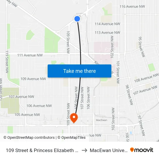 109 Street & Princess Elizabeth Avenue to MacEwan University map