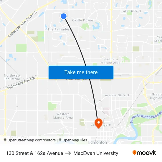 130 Street & 162a Avenue to MacEwan University map