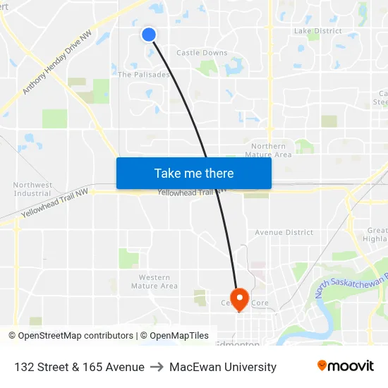 132 Street & 165 Avenue to MacEwan University map