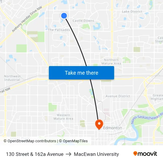 130 Street & 162a Avenue to MacEwan University map