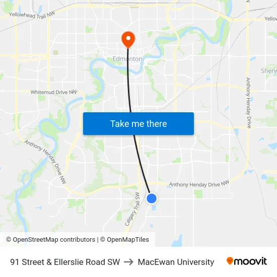 91 Street & Ellerslie Road SW to MacEwan University map