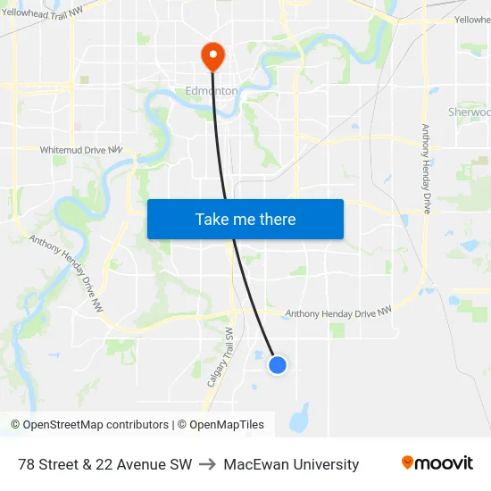 78 Street & 22 Avenue SW to MacEwan University map