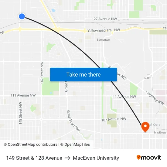 149 Street & 128 Avenue to MacEwan University map