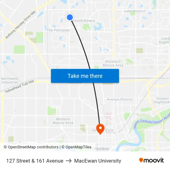 127 Street & 161 Avenue to MacEwan University map