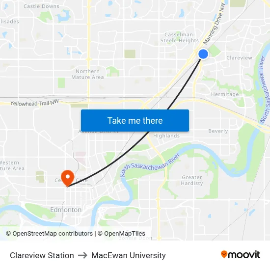 Clareview Station to MacEwan University map
