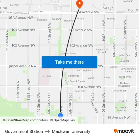 Government Station to MacEwan University map