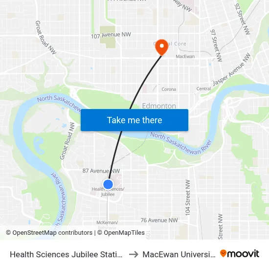 Health Sciences Jubilee Station to MacEwan University map