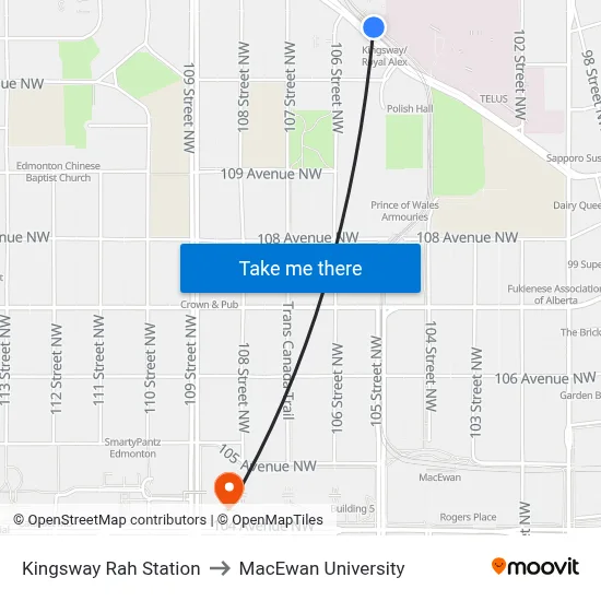 Kingsway Rah Station to MacEwan University map