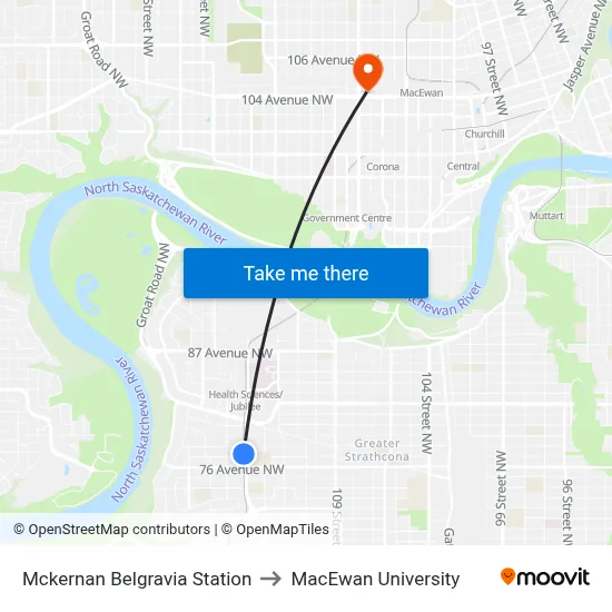 Mckernan Belgravia Station to MacEwan University map