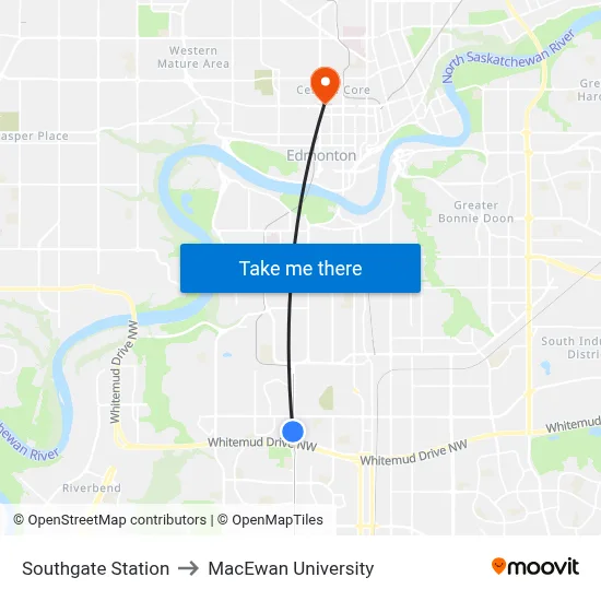 Southgate Station to MacEwan University map