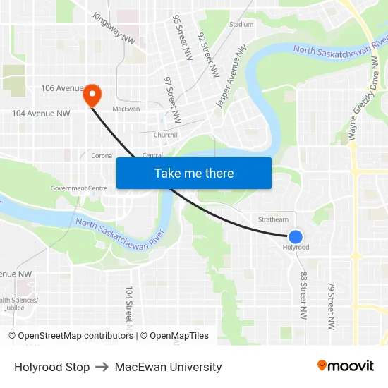 Holyrood Stop to MacEwan University map