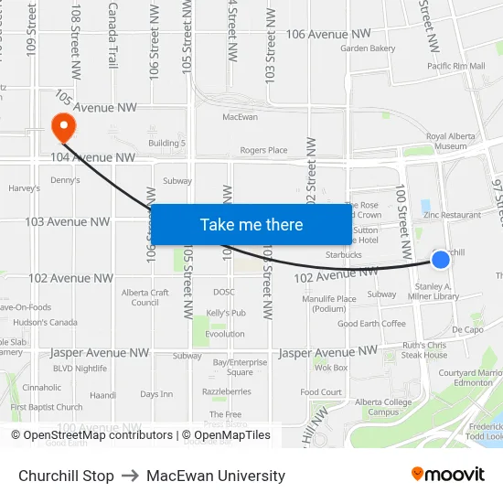 Churchill Stop to MacEwan University map