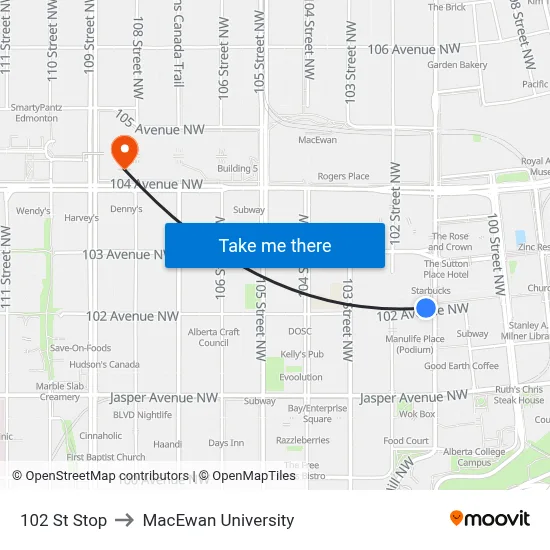 102 St Stop to MacEwan University map