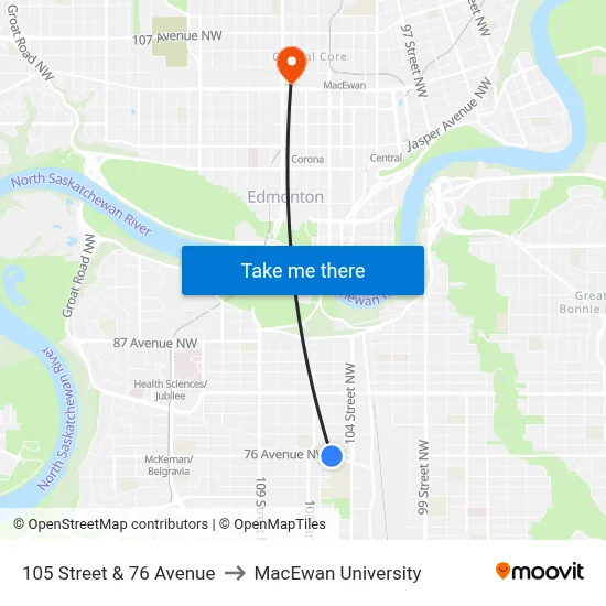 105 Street & 76 Avenue to MacEwan University map