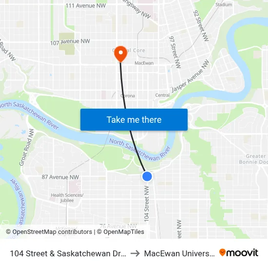 104 Street & Saskatchewan Drive to MacEwan University map