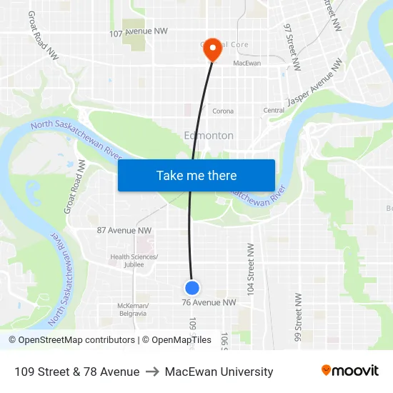109 Street & 78 Avenue to MacEwan University map
