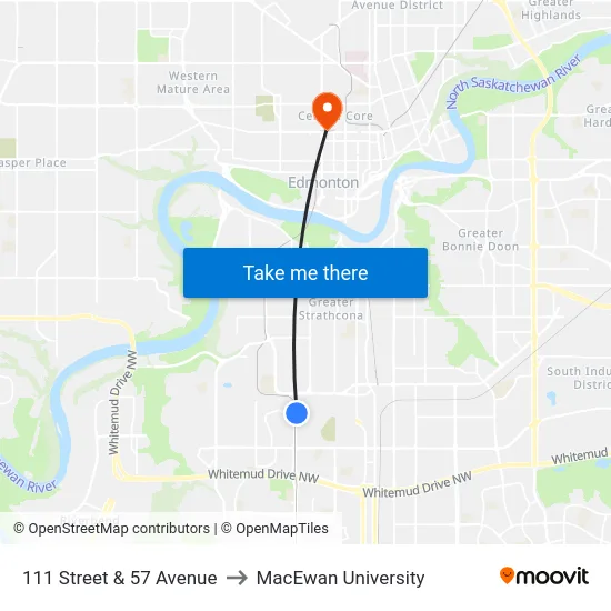 111 Street & 57 Avenue to MacEwan University map
