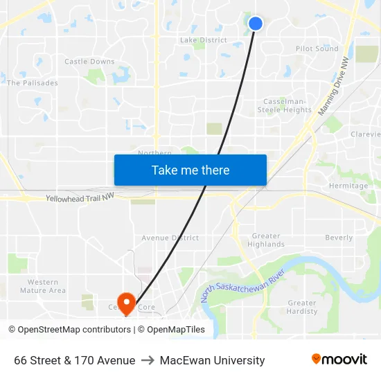 66 Street & 170 Avenue to MacEwan University map