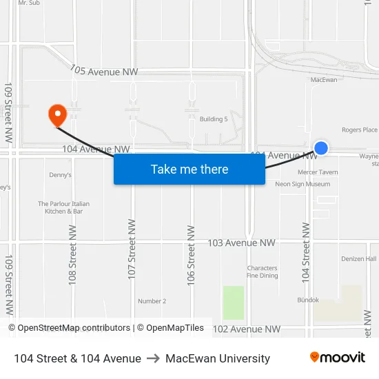 104 Street & 104 Avenue to MacEwan University map