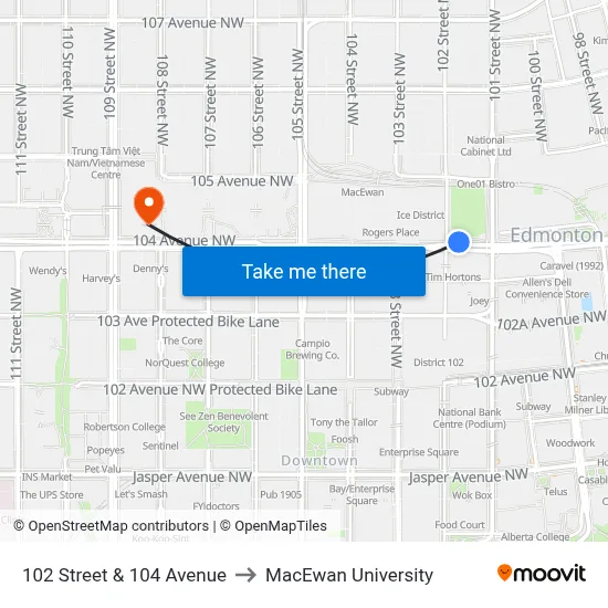 102 Street & 104 Avenue to MacEwan University map