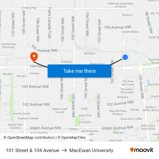 101 Street & 104 Avenue to MacEwan University map