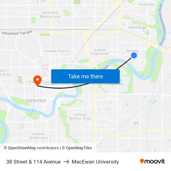 38 Street & 114 Avenue to MacEwan University map