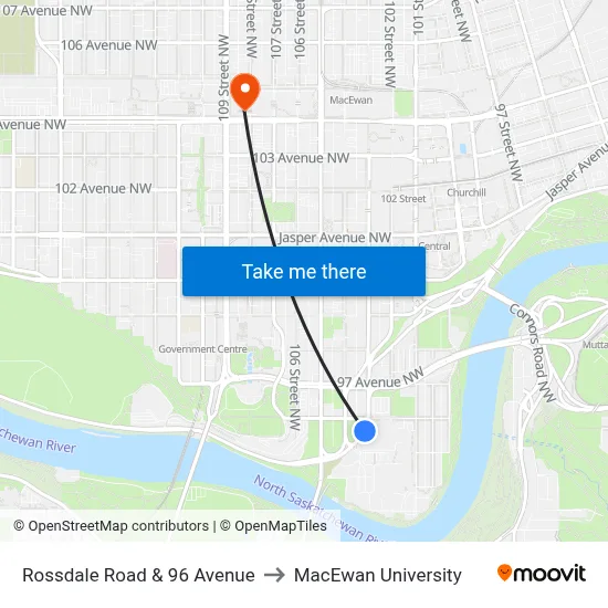 Rossdale Road & 96 Avenue to MacEwan University map