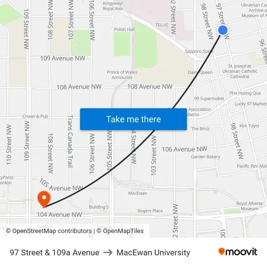 97 Street & 109a Avenue to MacEwan University map