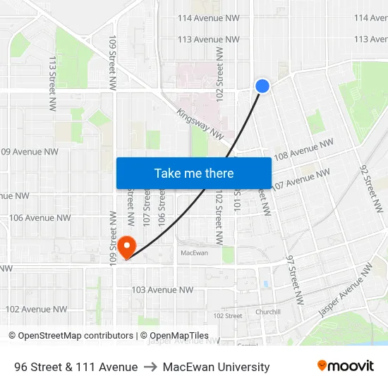 96 Street & 111 Avenue to MacEwan University map